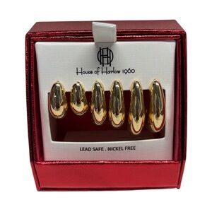 House Of Harlow 1960 3 Pair Gold Tear Drop Semi Hoop Earrings New in Box